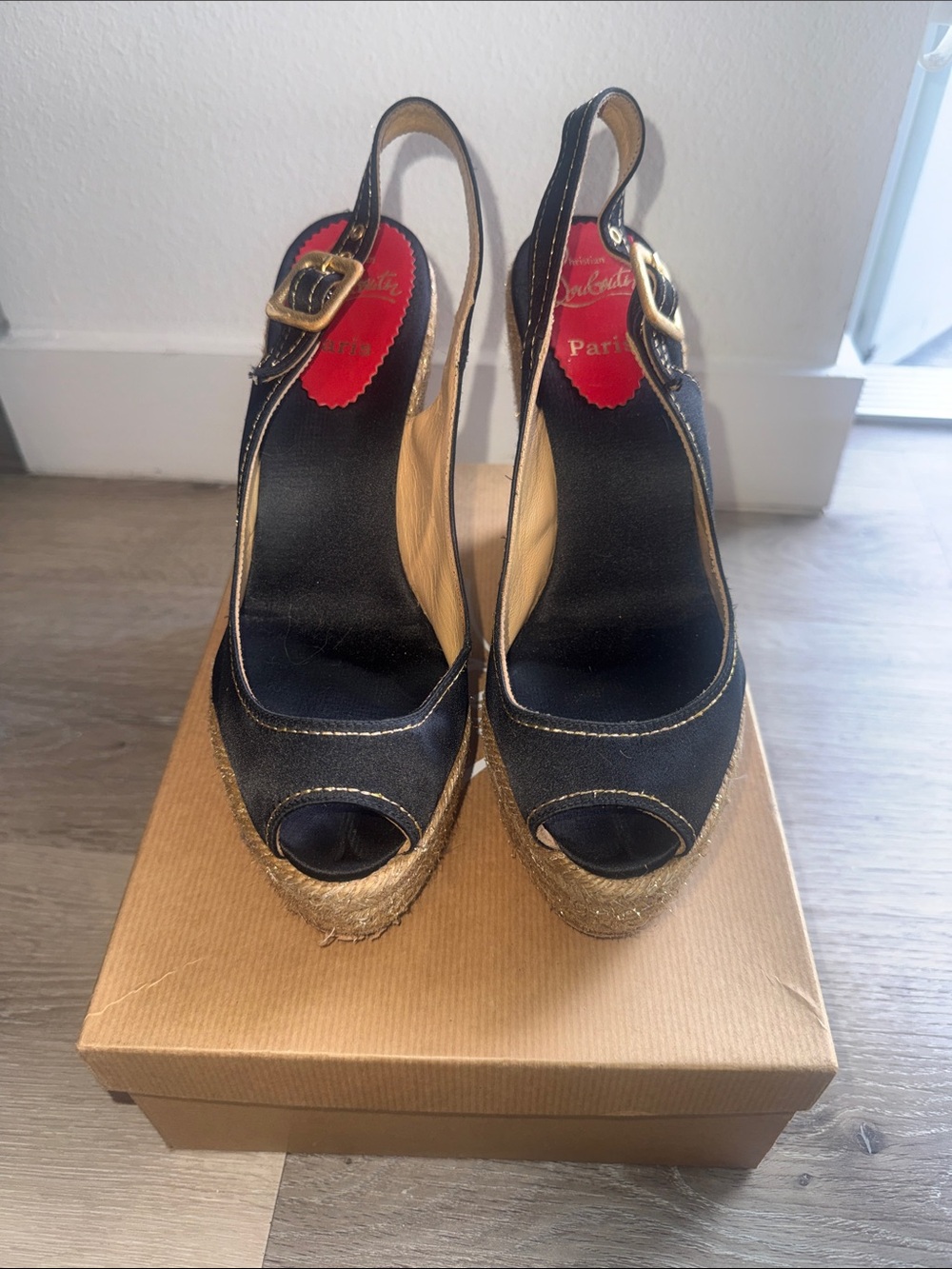 Christian Louboutin Black Peep-Toe Slingback Wedges with Gold Trim